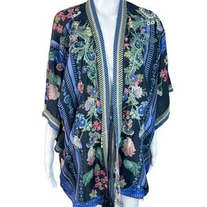 Johnny Was Navy Floral Embroidered Kimono Cape Tassel Tie Open Front